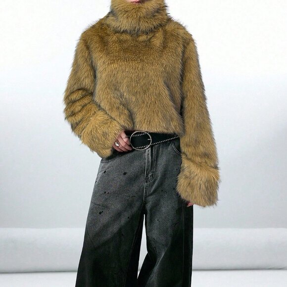 Camel Women's Long Sleeve fluffy faux fur Warm Jacket - Picture 6 of 7